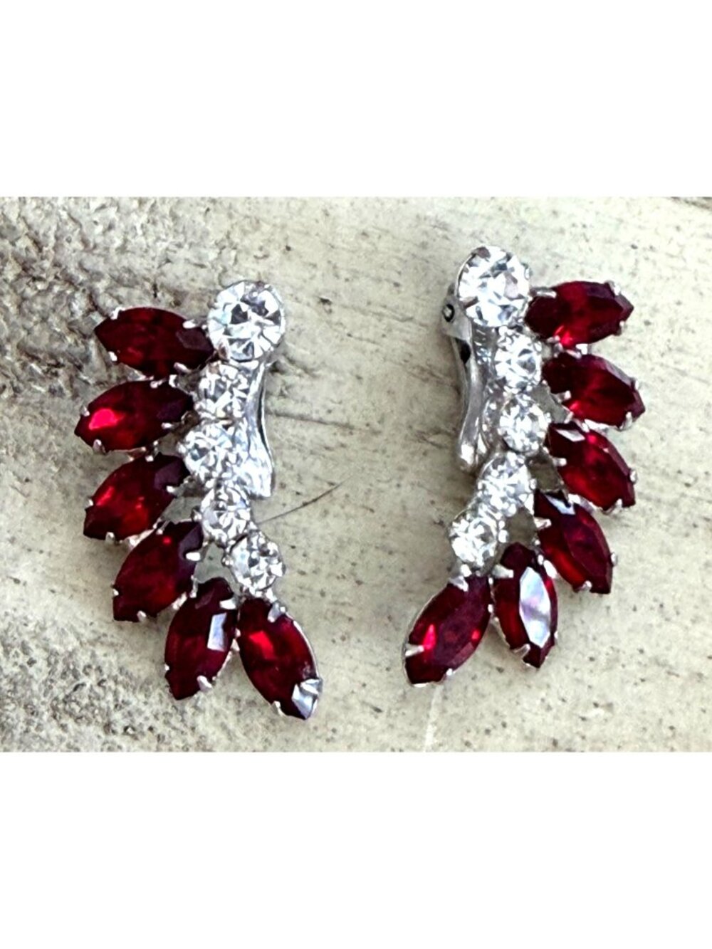 David Sigal Clip Earrings Silver Tone Red Marquise Clear Stones Signed Vintage